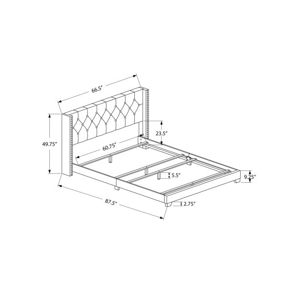 Bed， Queen Size， Bedroom， Frame， Upholstered， Grey Velvet， Chrome Trim， Transitional