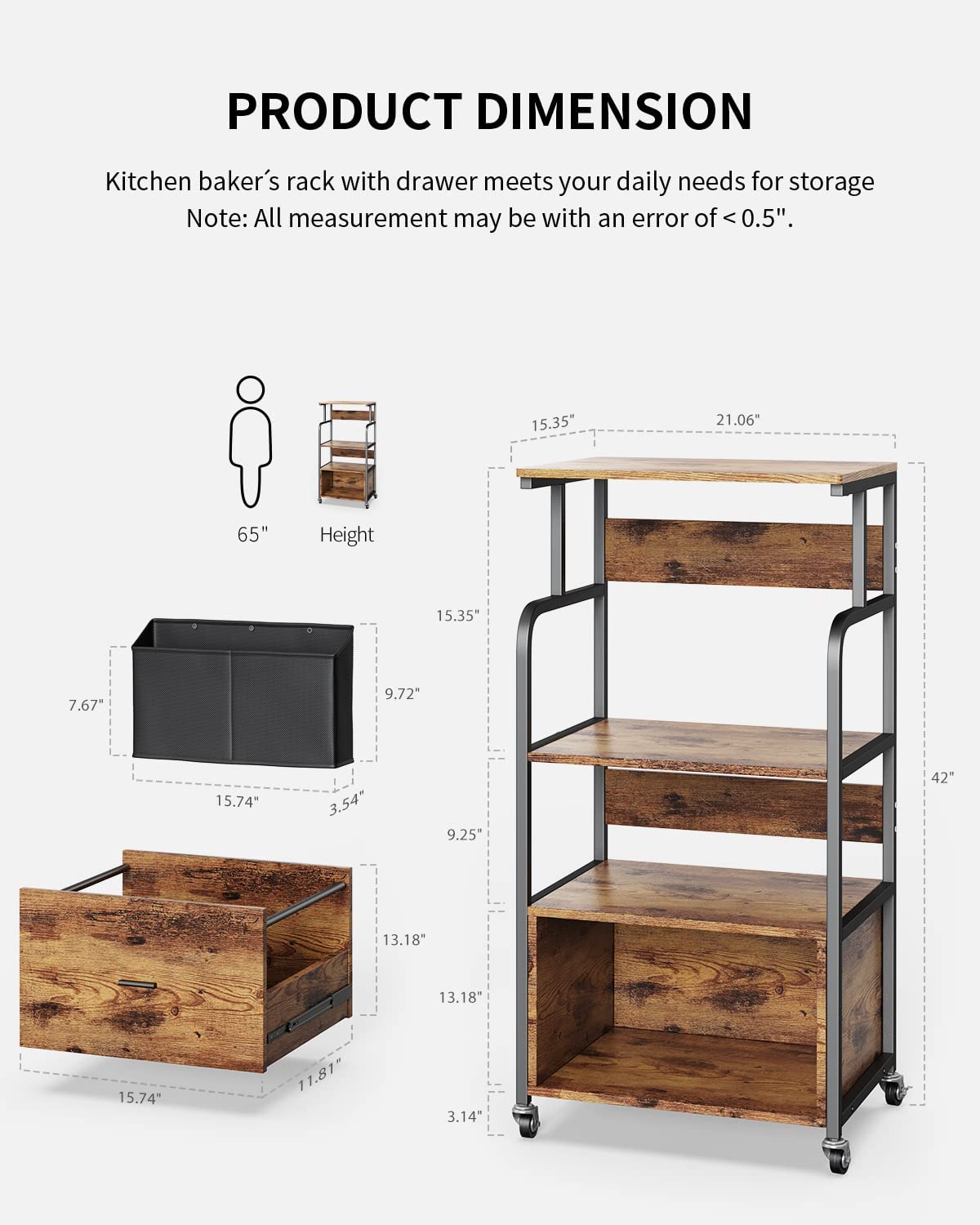 Aiho 3 Tier Kitchen Storage Stand with Drawer， Storage Bag - Retro