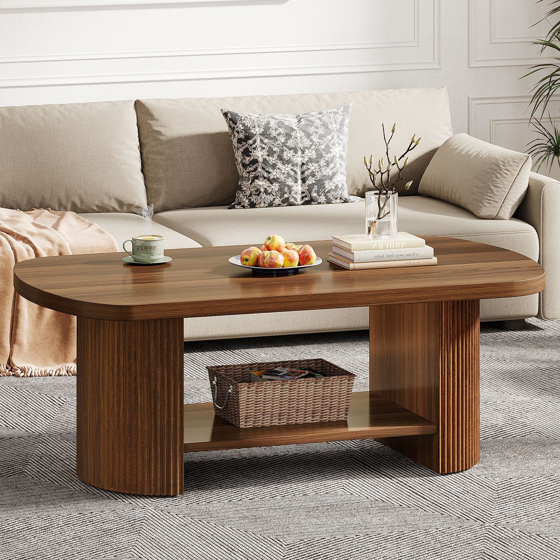 45 Coffee Table, Modern Oval 2-Tier Center Table With Storage