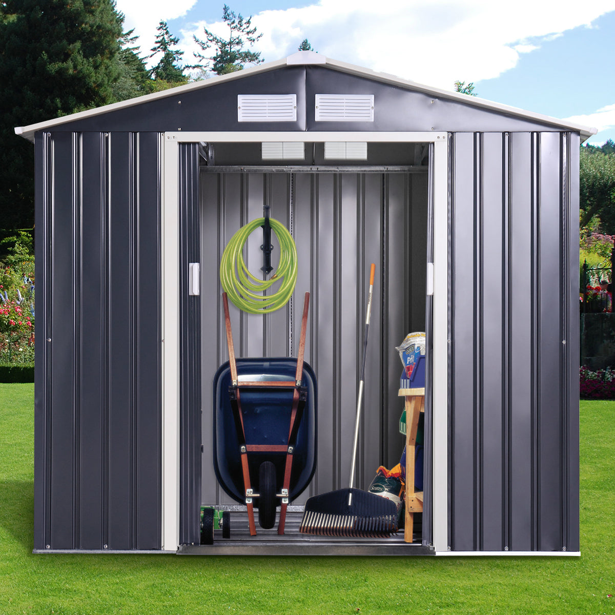 Jaxpety 6.3 x 9.1 ft Large Garden Storage Shed Galvanized Steel Outdoor Tool House with Sliding Door, Roof and 4 Vents, Dark Gray