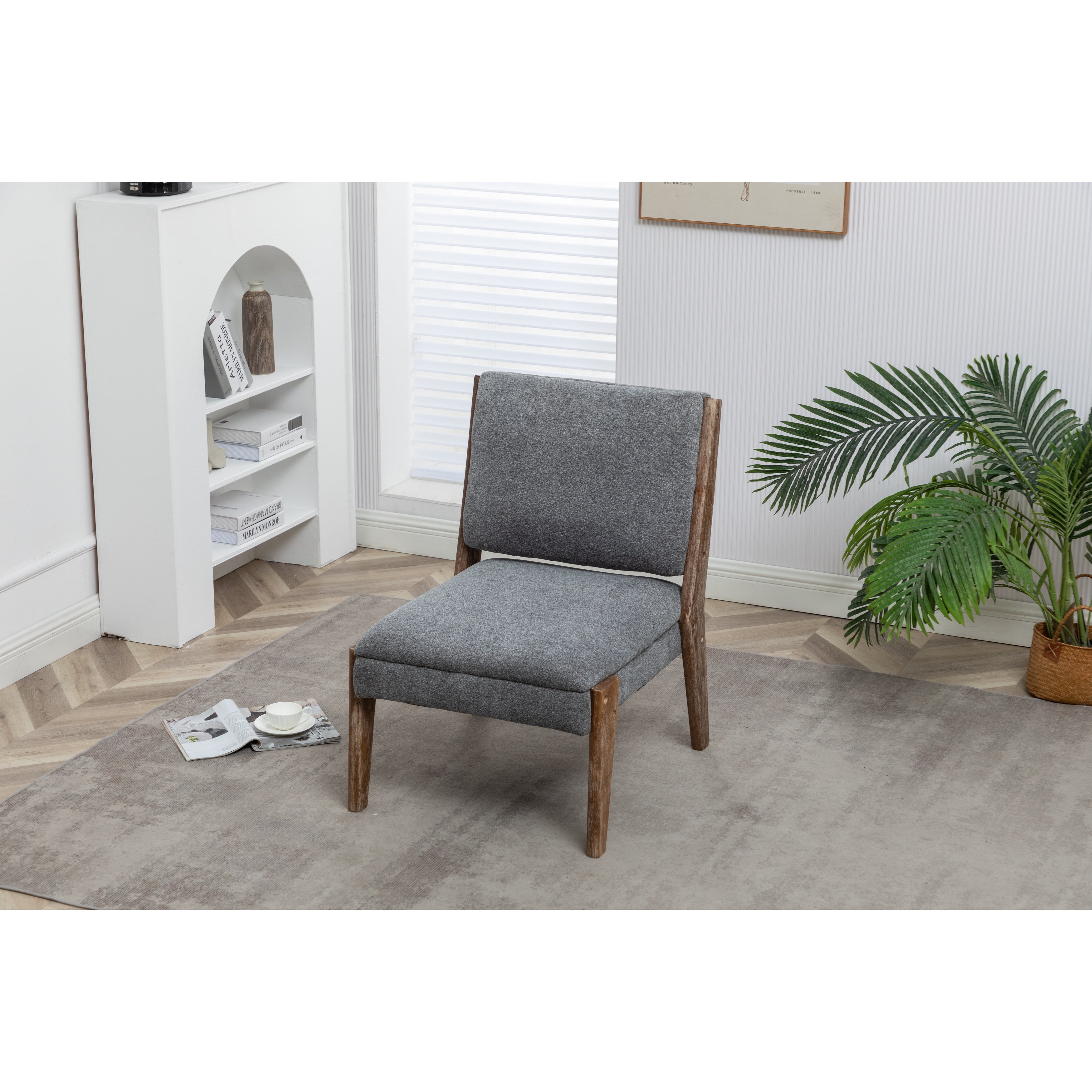 Premium Chenille Slipper Accent Chair with Wooden Legs， High-Density Foam Padded Upholstery， Armless Chair