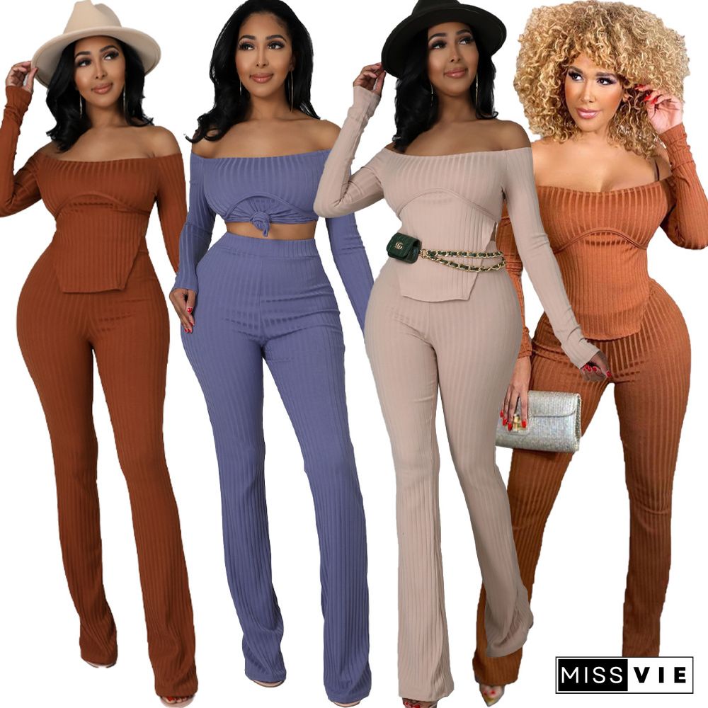 Off Shoulder Long Sleeve Top Flared Pants Set