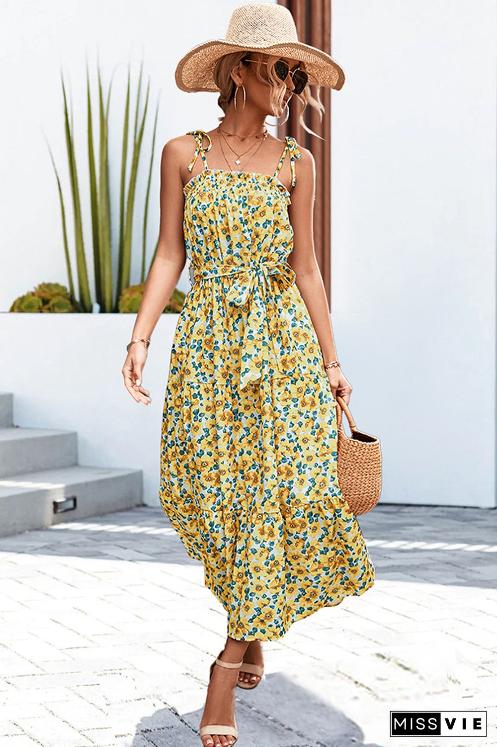 Smocked Neckline Tie Strap Tiered Floral Maxi Dress