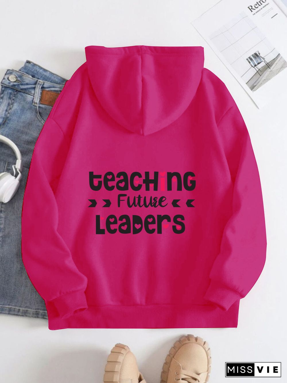 Printed on the Back Kangaroo Pocket Hoodie Long Sleeve for Women Pattern Teacher's Day greetings