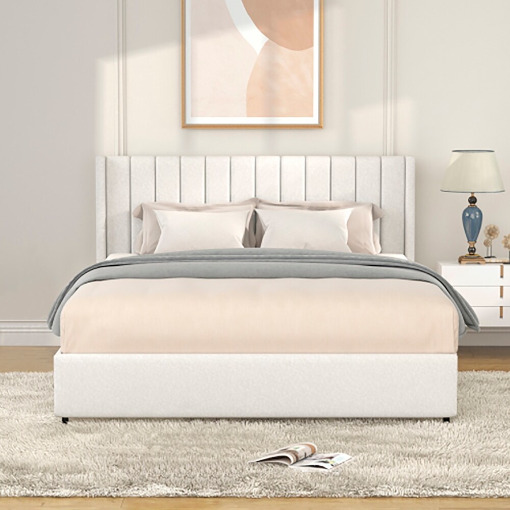 Queen Size Platform Bed with Tufted Headboard and 4 Drawers Ivory