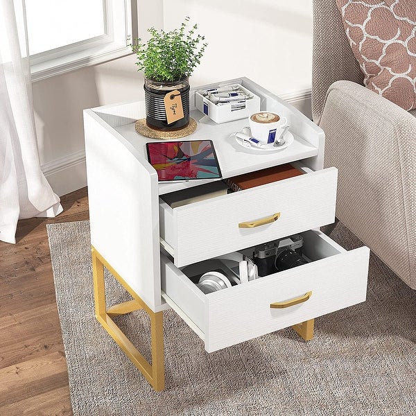 White and Gold Nightstand Bedside Table with 2 Drawers