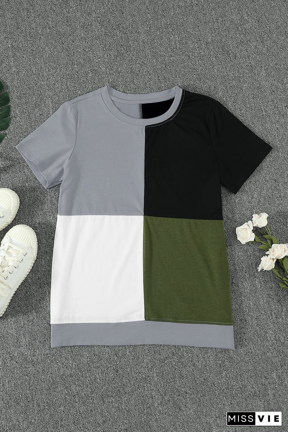 Army Green Colorblock T-shirt with Slits