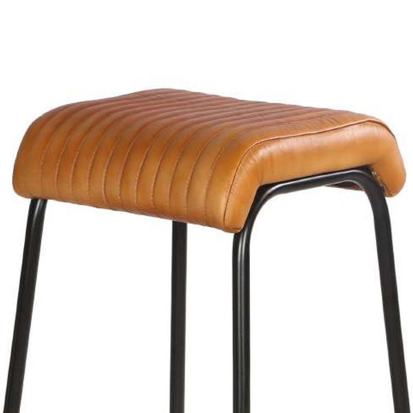 31 Inch Modern Bar Stool， Genuine Leather Seat， Iron Frame， Channel Stitched， Tan Brown， Black