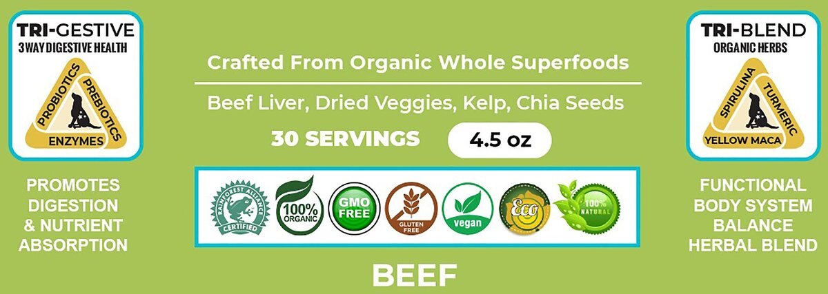 The Petz Kitchen Holistic Super Food Broth One and Done Daily Greens Support Beef Flavor Concentrate Powder Dog and Cat Supplement， 4.5-oz bag