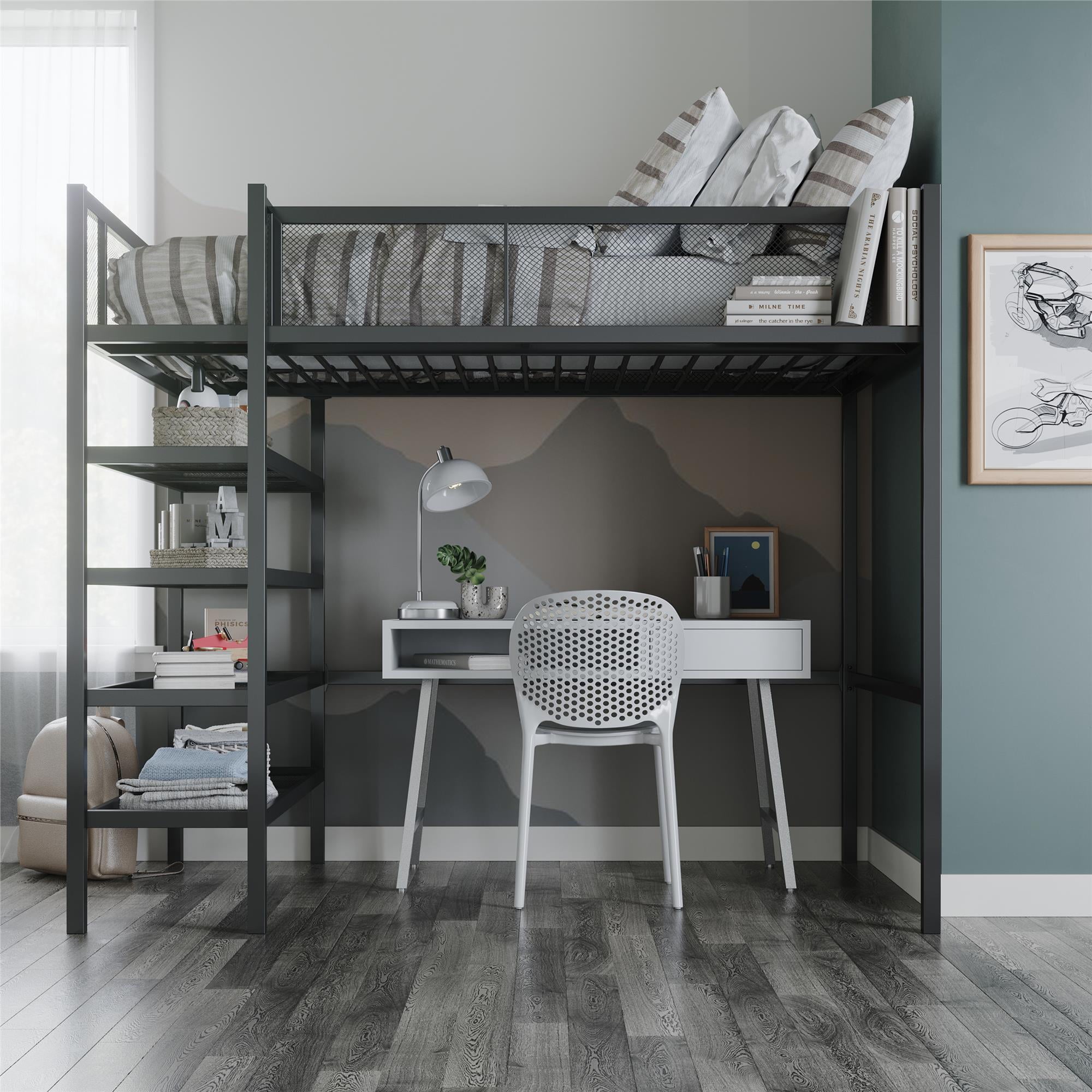 Mainstays Metal Storage Loft Bed with Book Case, Black, Twin