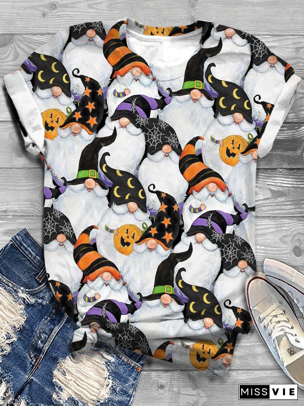 Cute Halloween Gnome Print Crewneck T-Shirt