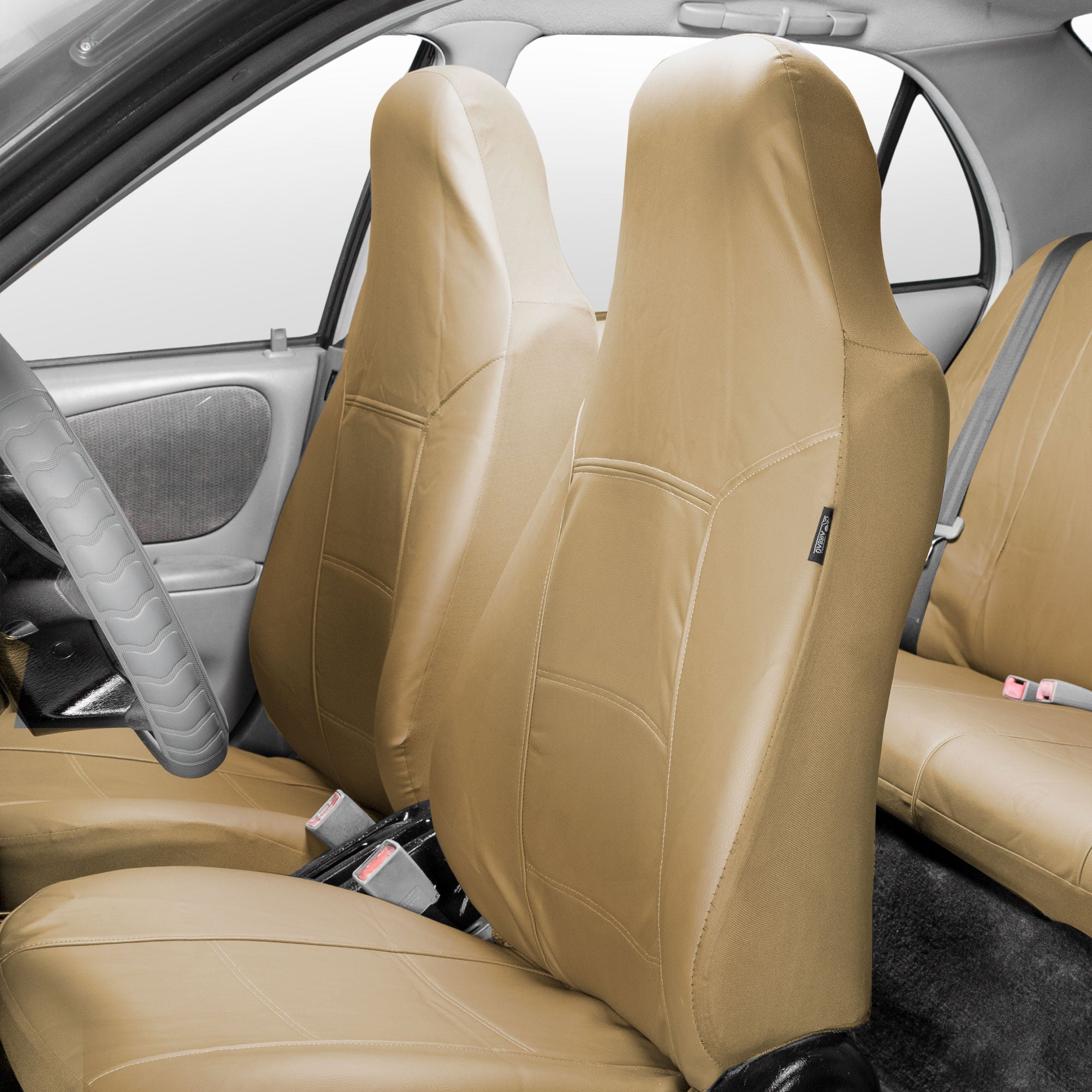 FH Group Highback Seat Royal Leather Seat Covers for Sedan， SUV， Van， Truck， Two Highback Buckets， Beige