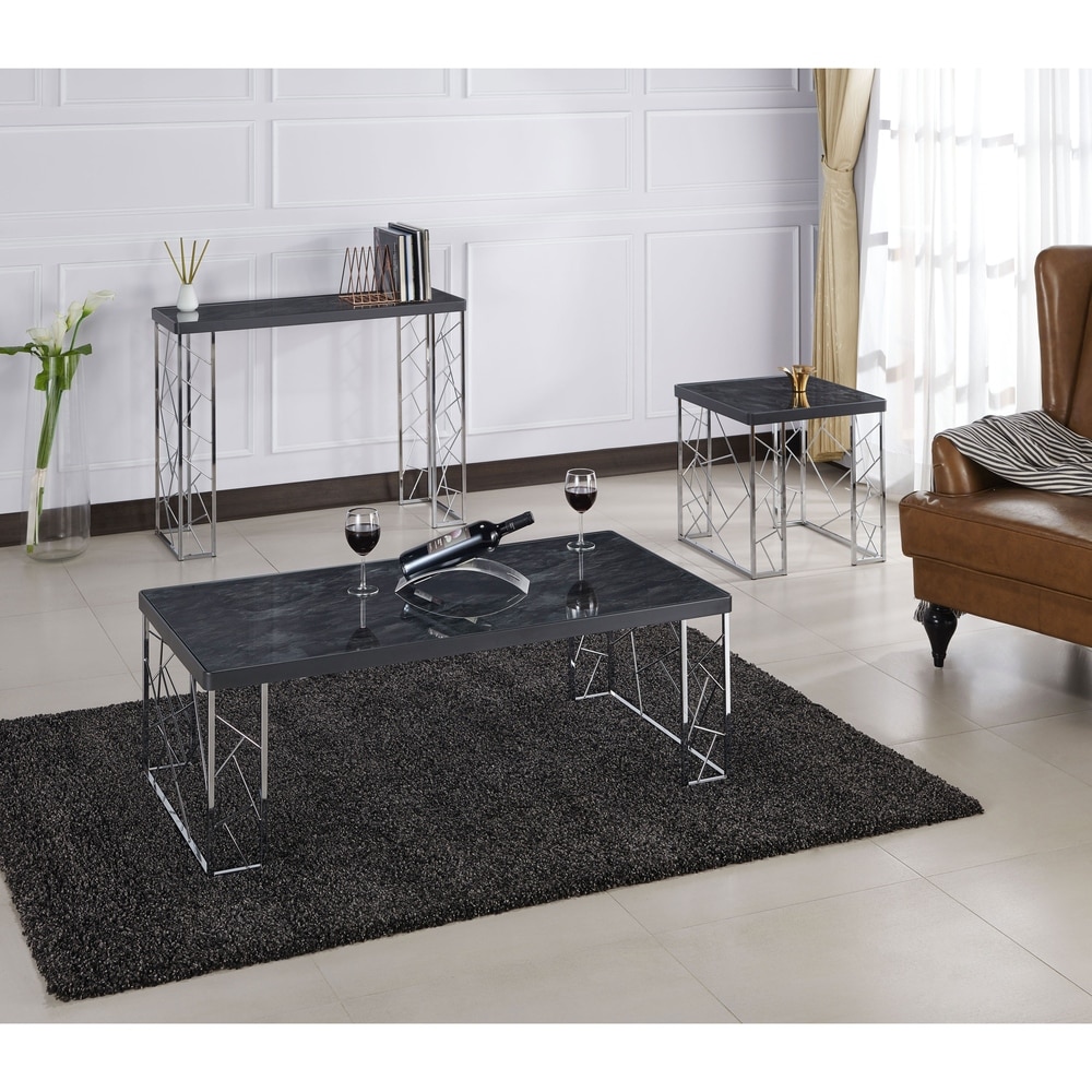 ison Modern Black and Chrome 39 inch Faux Marble Sofa Table by Silver Orchid