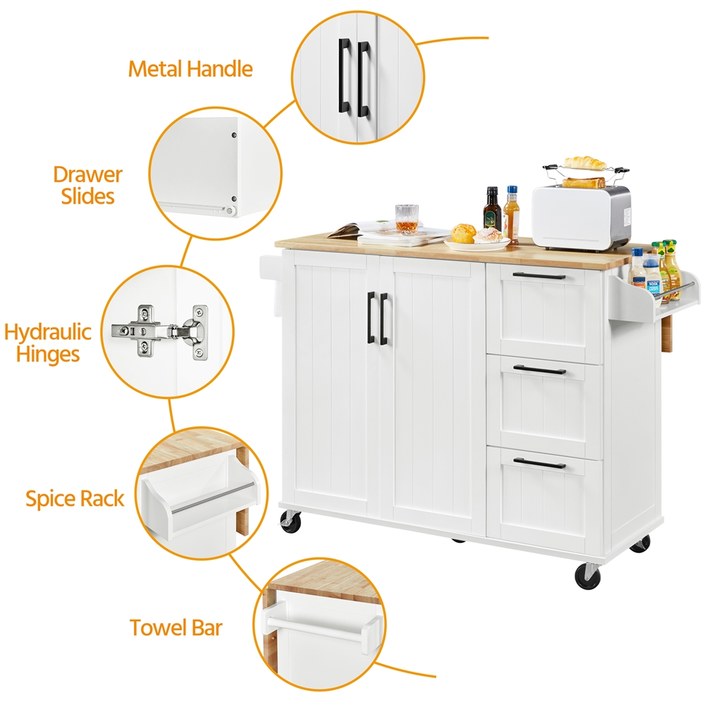 Topeakmart Wood Top Rolling Kitchen Cart Island with Storage Cabinet and 3 Drawers and Spice Rack， White