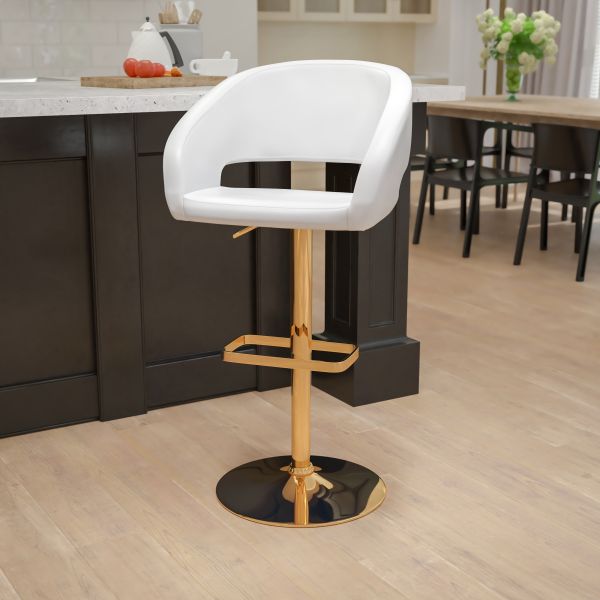 Erik Contemporary White Vinyl Adjustable Height Barstool with Rounded Mid-Back and Gold Base