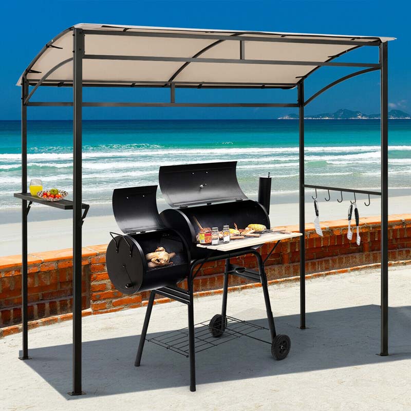 7 x 4.5 FT Outdoor Patio Grill Gazebo, Curved Grill Shelter BBQ Canopy with Serving Shelf & Storage Hooks