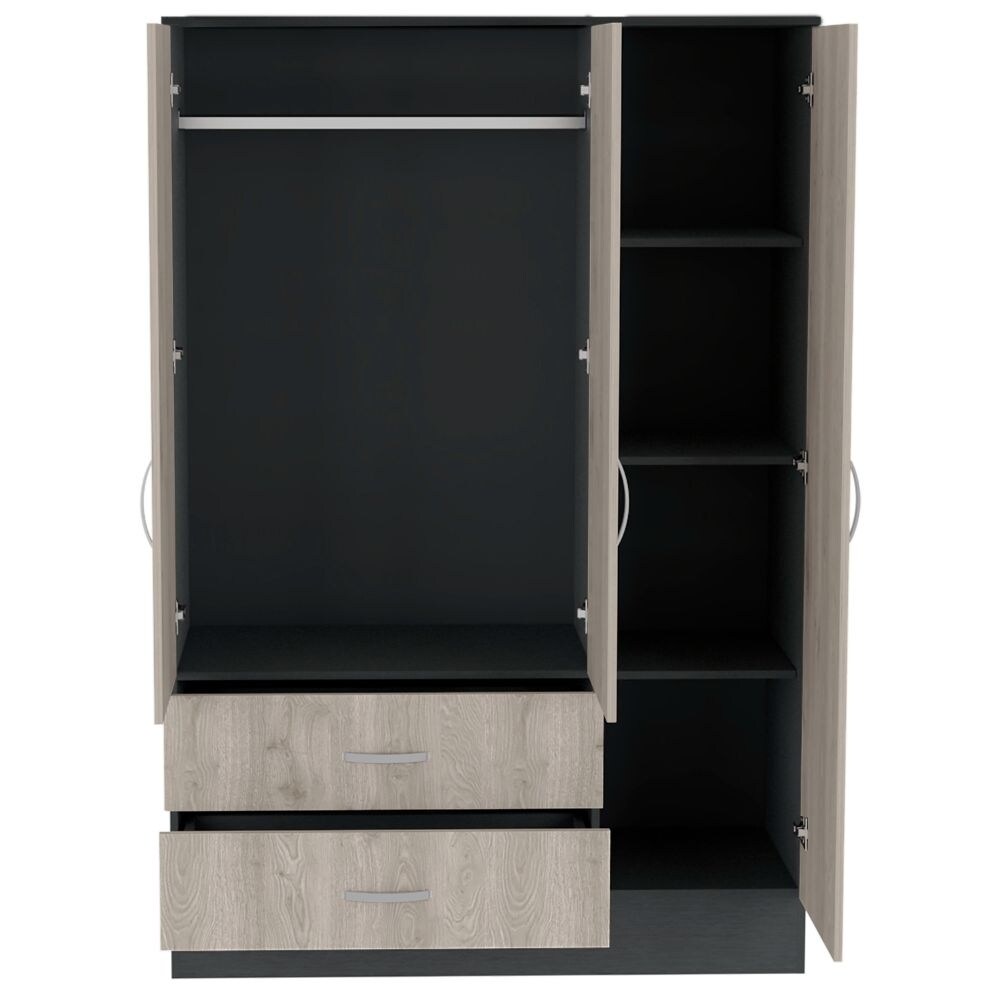 Gangi 120 Mirrored Armoire with 2 Cabinets  2 Drawers  Metal Rod  and 4 Shelves  Black / Light Gray