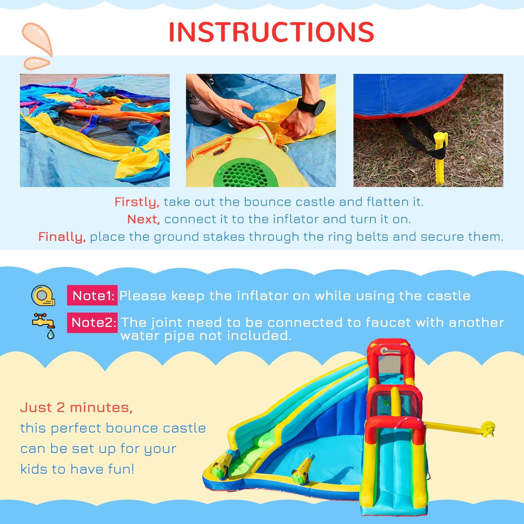 Outsunny 5-in-1 Water Slide Kids Inflatable Bounce House Water Park Jumping Castle Includes Trampoline Slide Water Pool Cannon Climbing Wall with Carry Bag, Repair Patches without Air Blower