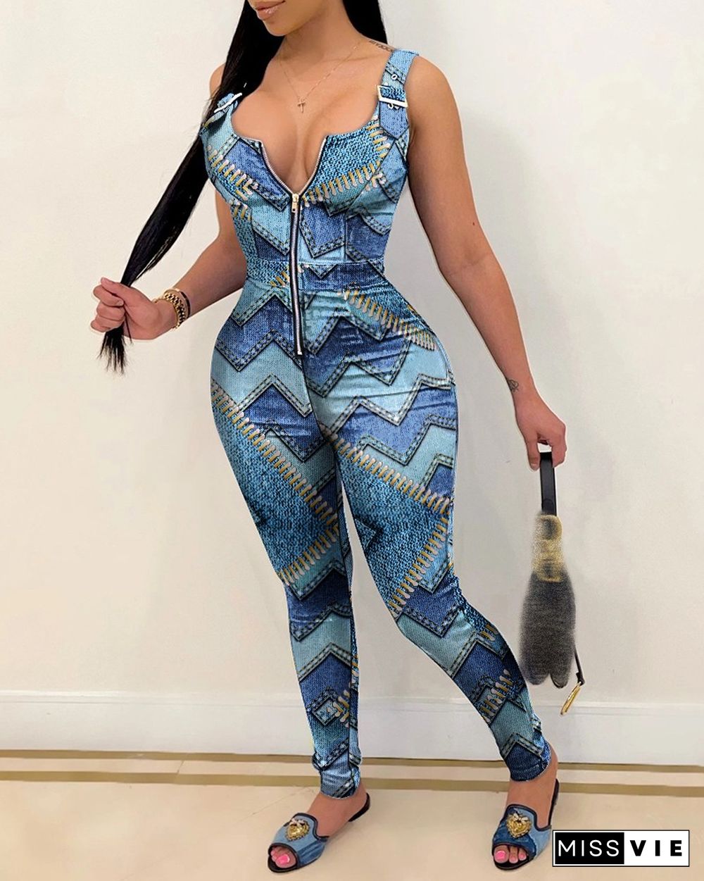 Zip Front Pattern Print Suspender Jumpsuit