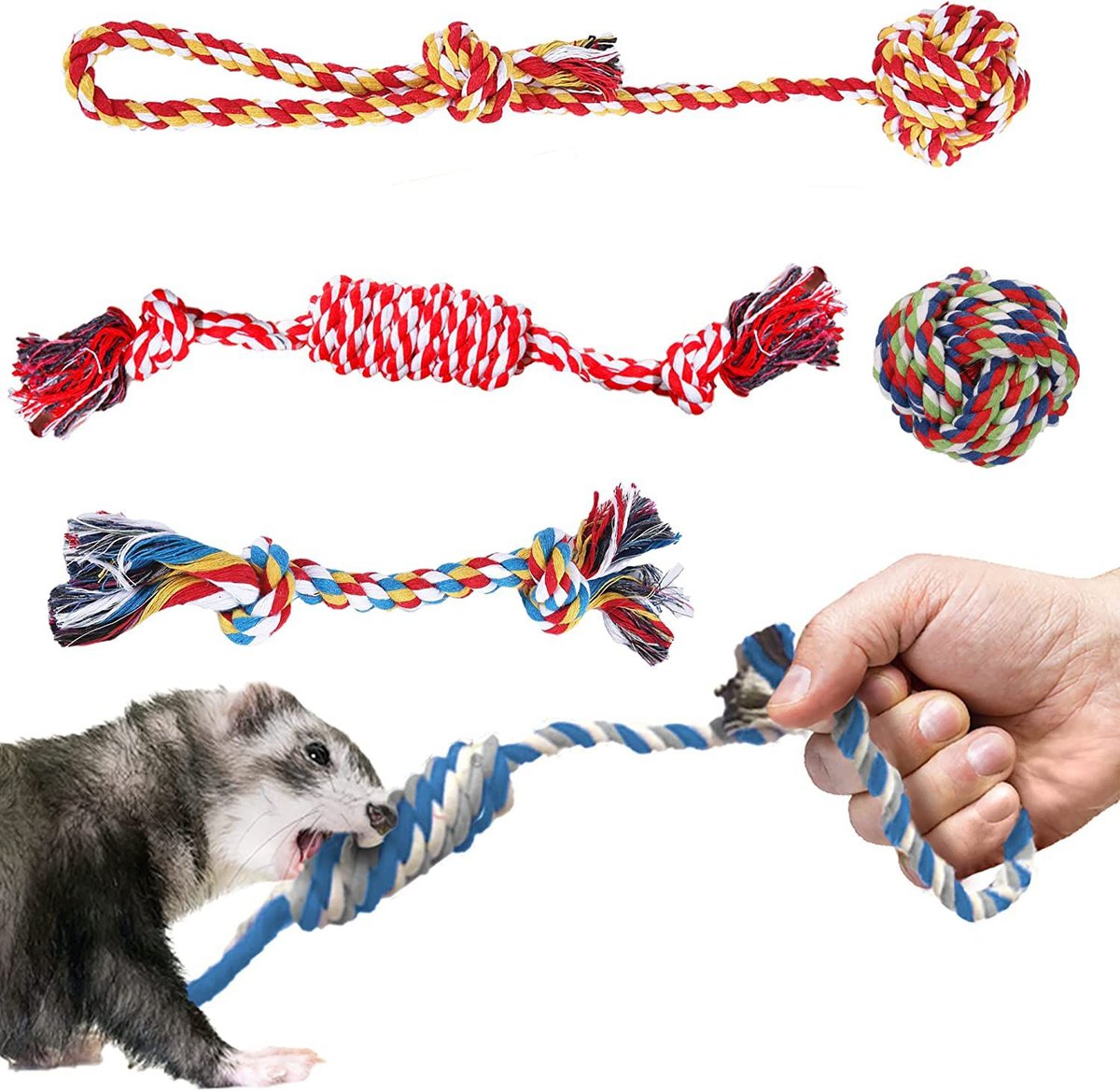 SunGrow Ferret Rope Chew Small-Pet Toys， 5 count