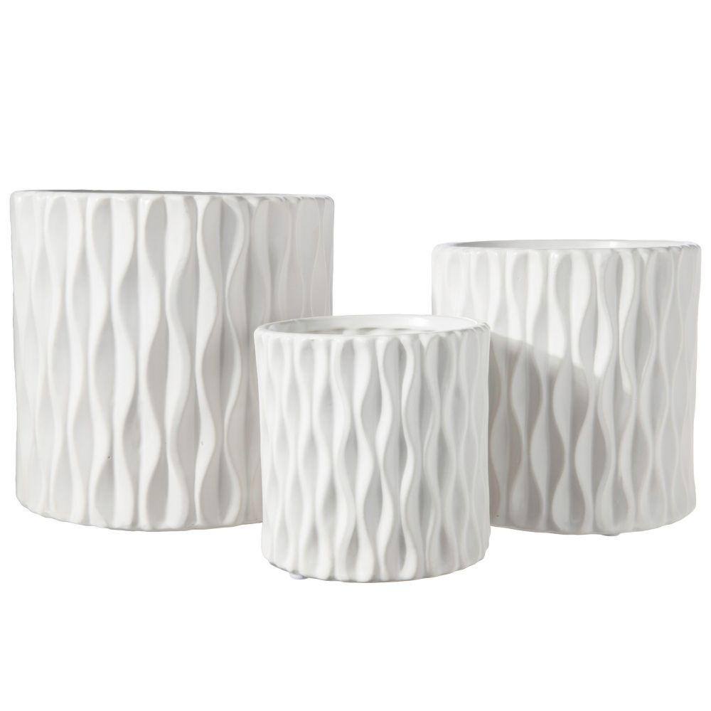 Benjara White Round Ceramic Pot with Wavy Pattern Body (Set of 3) BM263522