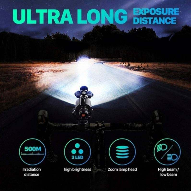 Bicycle Headlight USB Rechargeable Bike Light 500 Lumen Tri Head LED Lamp 4 Lighting Modes Flashlight Cycling Handlebar Light