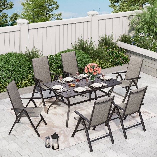 7pc Outdoor Dining Set With 7 Position Adjustable Folding Chairs amp Metal Rectangle Table With Umbrella Hole Captiva Designs