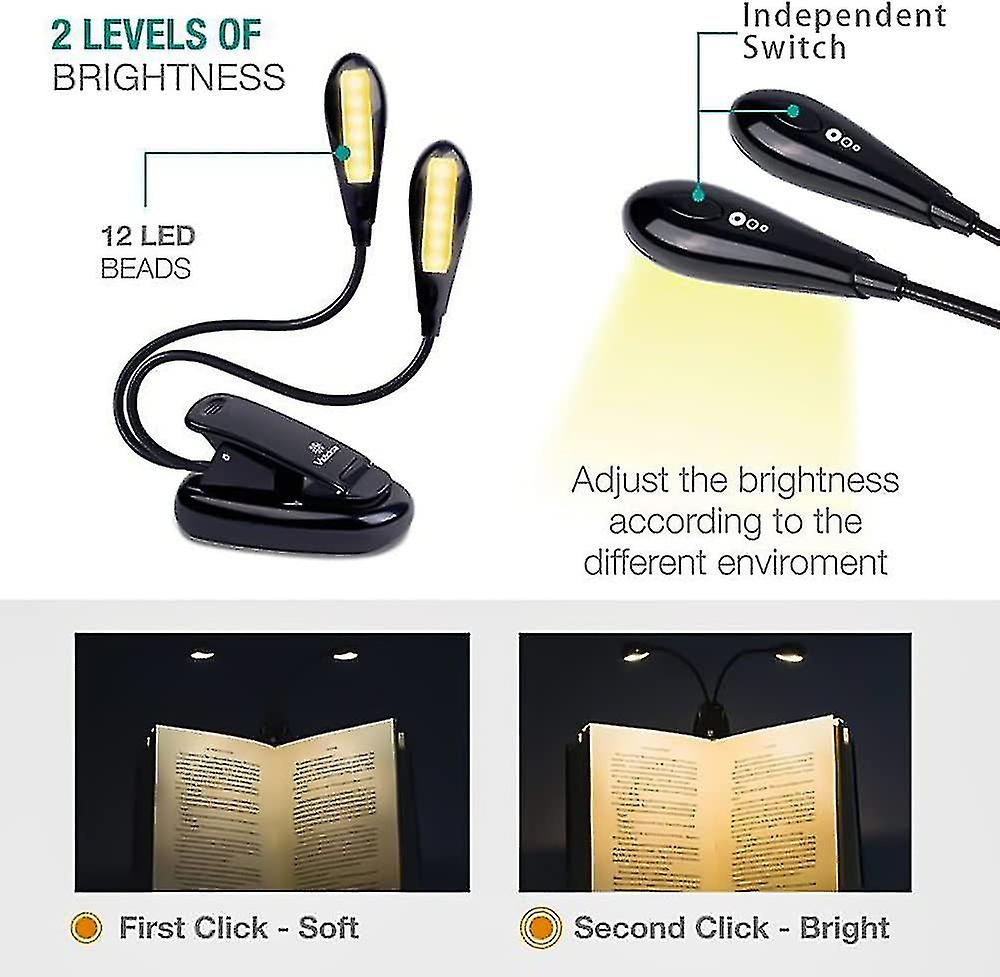 12 Led Rechargeable Warm Book Light/music Stand Light， Clip On Reading Light In Bed， Eye Protection Dual