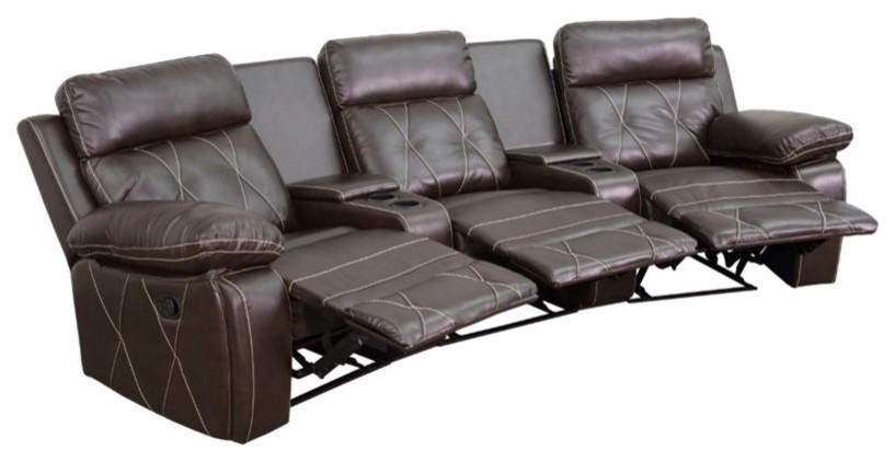 Pemberly Row 3 Seat Leather Reclining Home Theater Seating in Brown   Contemporary   Theater Seating   by Homesquare  Houzz