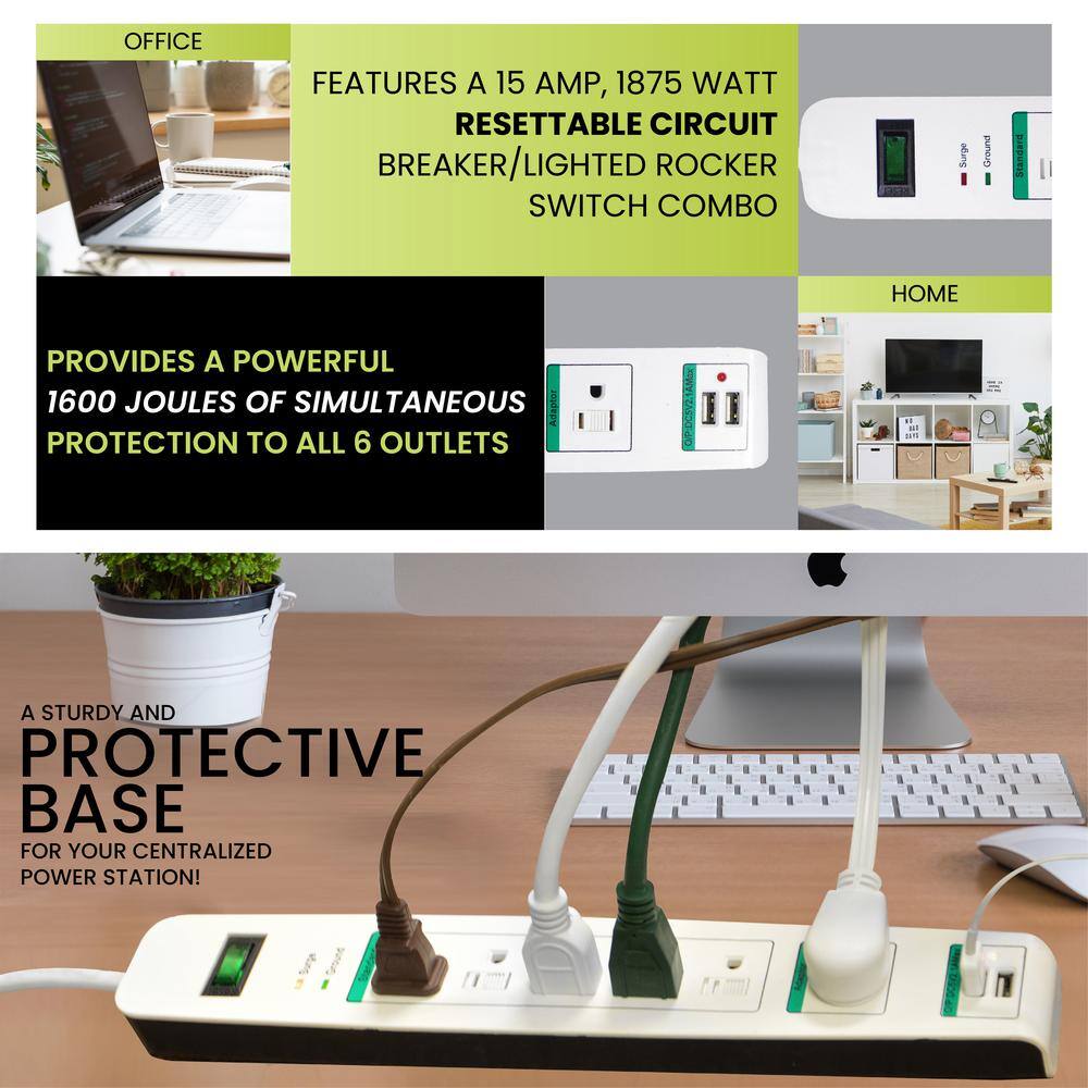 GoGreen Power 6 Outlet Surge Protector w 6 ft. Heavy Duty Cord GG-16326USB