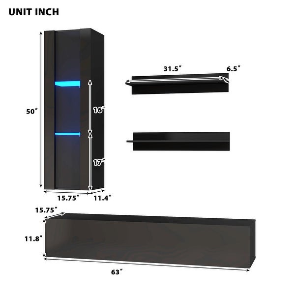 4 Pcs Wall Mount Floating High Gloss Entertainment Center up to 70