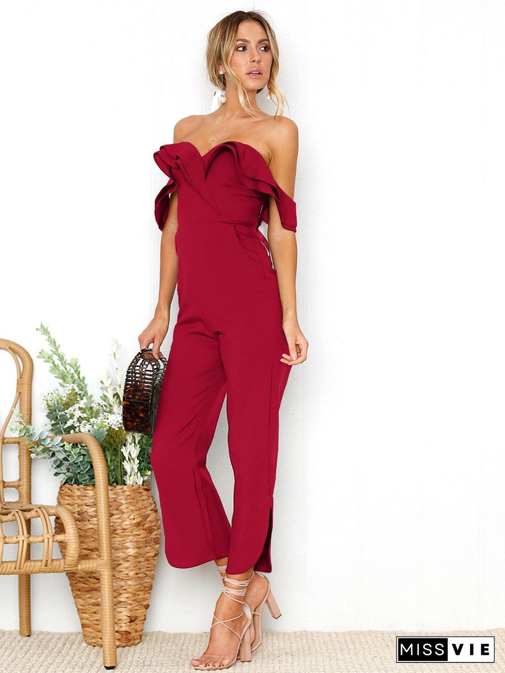 Black Sleeveless Plain Casual Off Shoulder Zip Back Jumpsuit