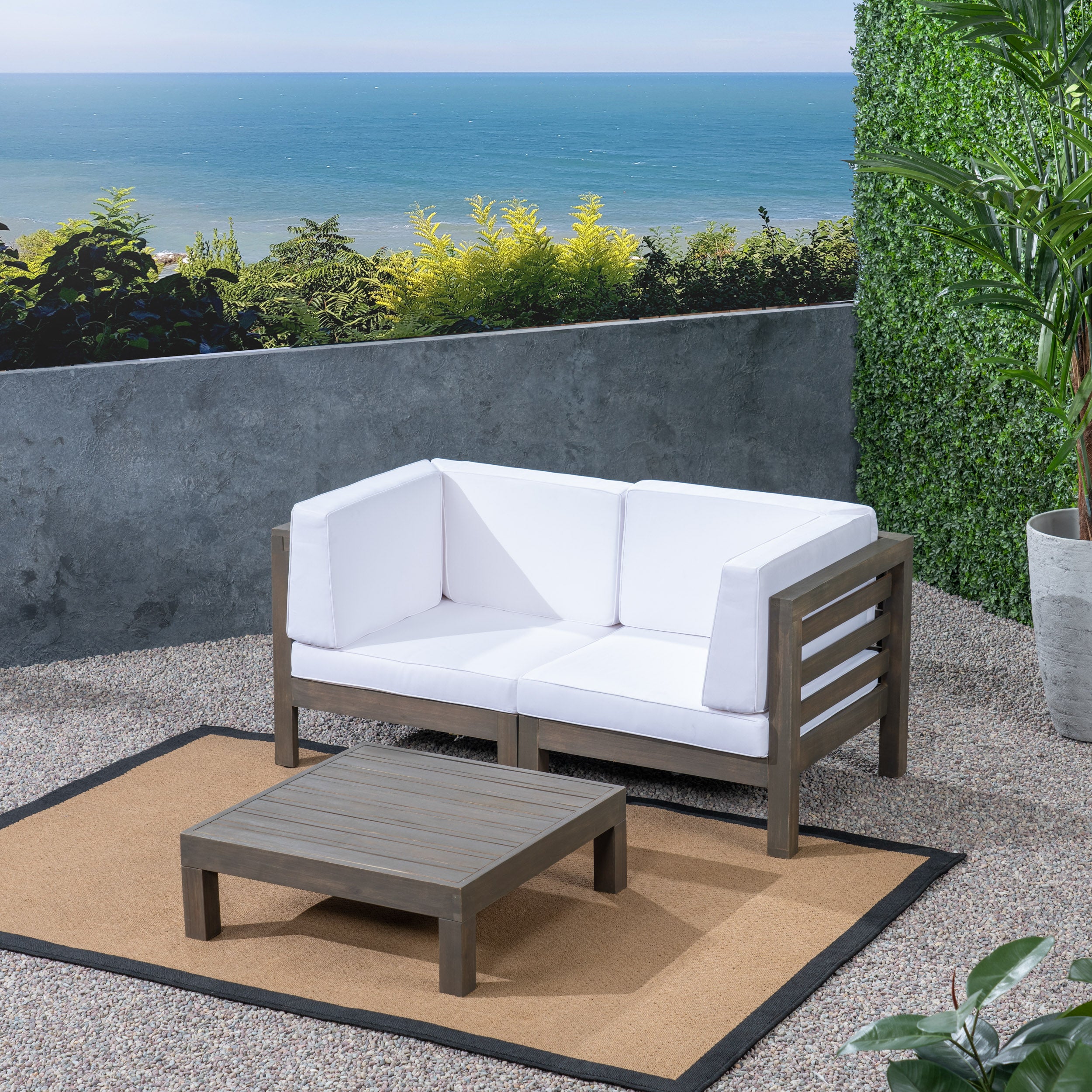 Dawson Outdoor Sectional Loveseat Set with Coffee Table - 3-Piece 2-Seater - Acacia Wood - Outdoor Cushions