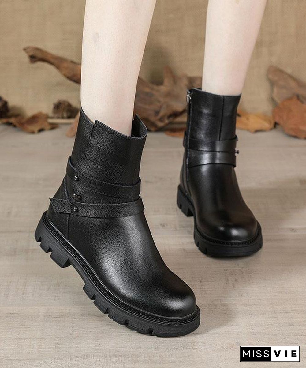 Black Genuine Leather Platform  flat boots