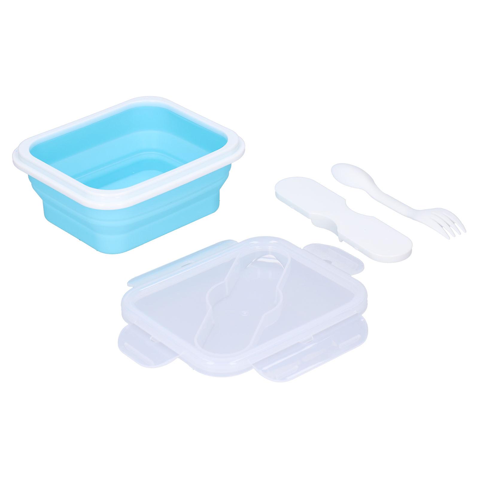 Silicone Insulation Box Portable Lunch Box with Integrated Fork Spoon for Office SchoolWater Blue 600ML