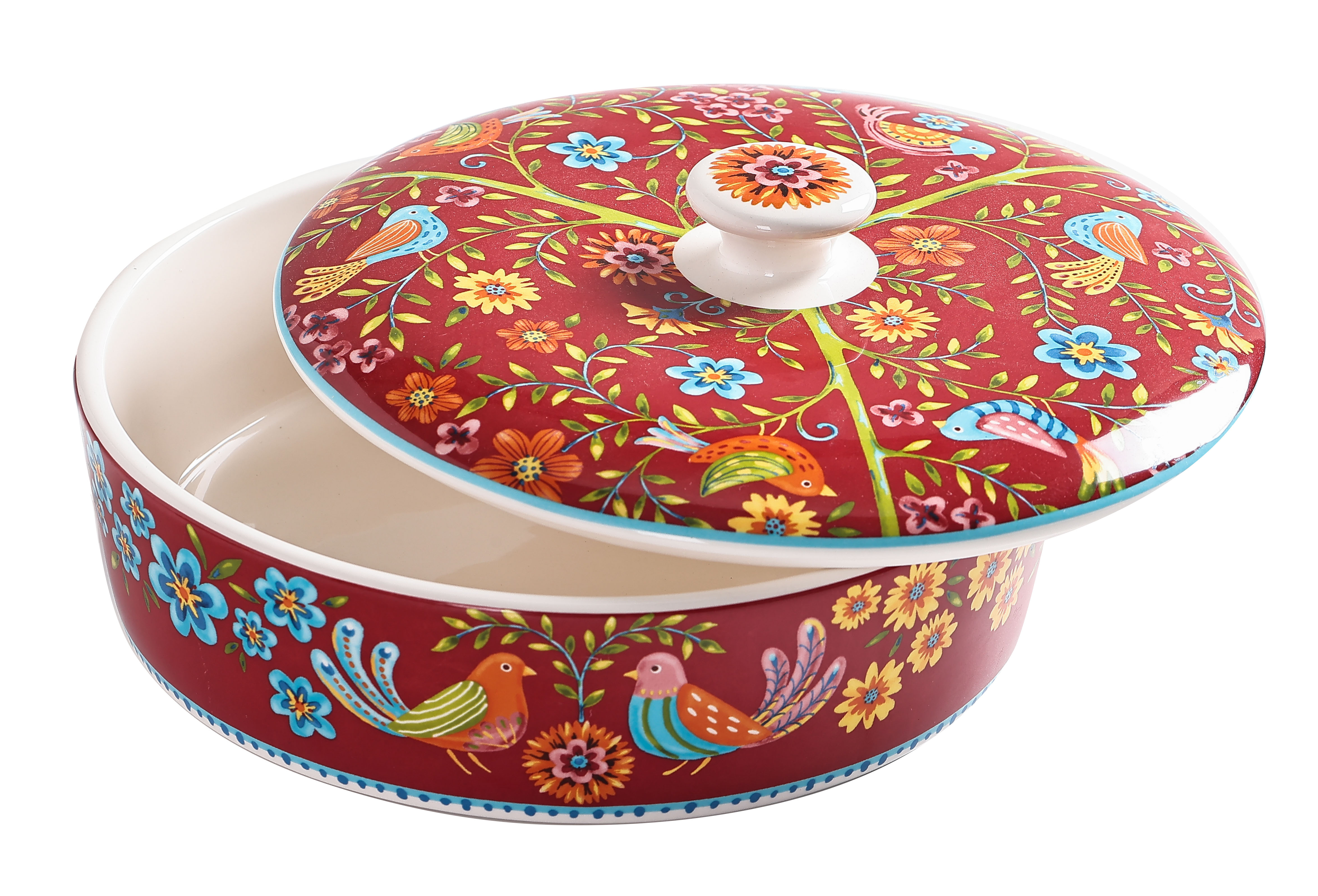 Bico Red Spring Bird Ceramic 8.8 inch Tortilla Warmer， Tortilla Server with Lid， Taco Holder for Mexican Fiesta Party， Taco Tuesday， Microwave and Dishwasher Safe