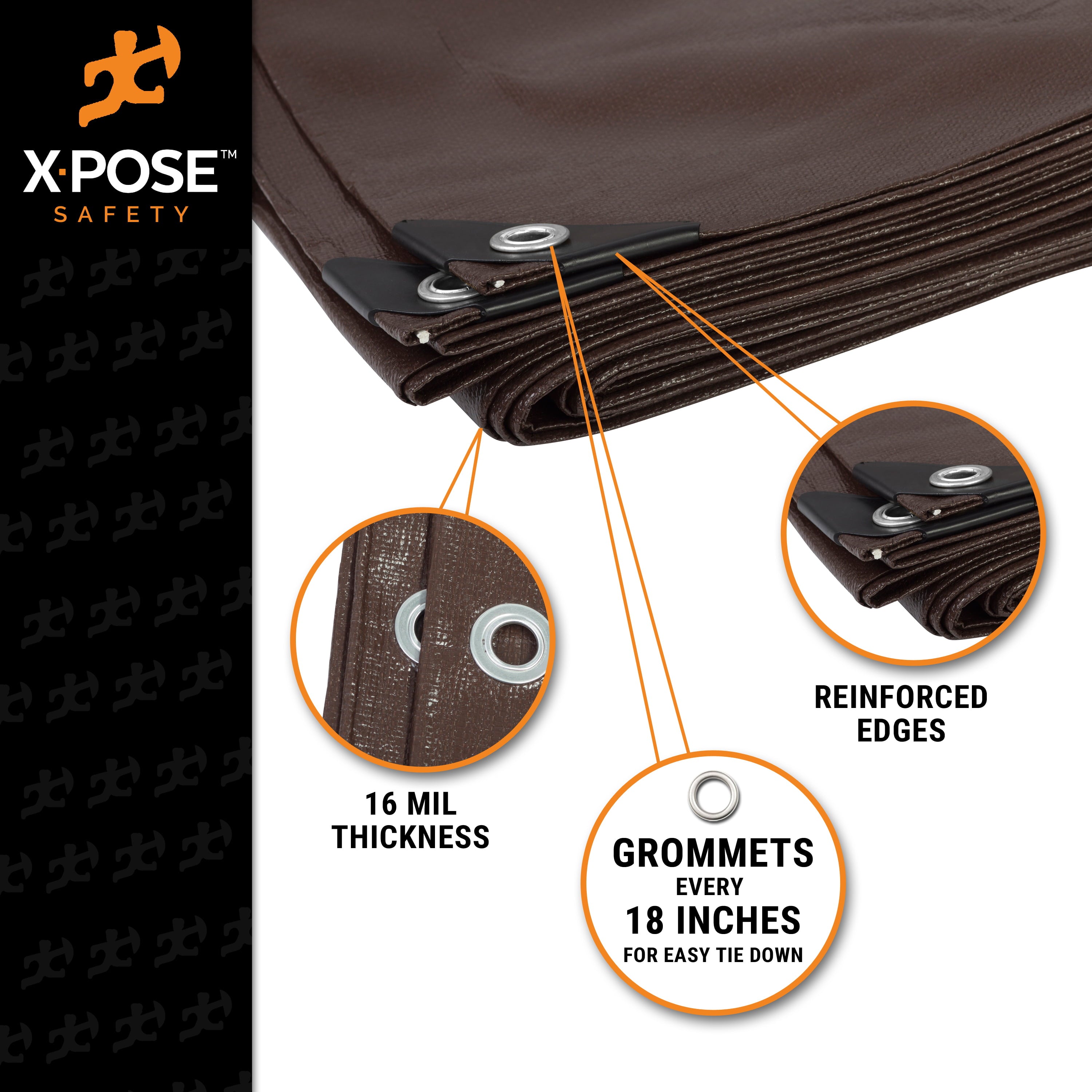 X-pose Safety 10' x 12' Super Heavy Duty 16 Mil Brown Poly Tarp Cover - Thick Waterproof, UV Resistant, Rot, Rip and Tear Proof Tarpaulin with Grommets and Reinforced Edges