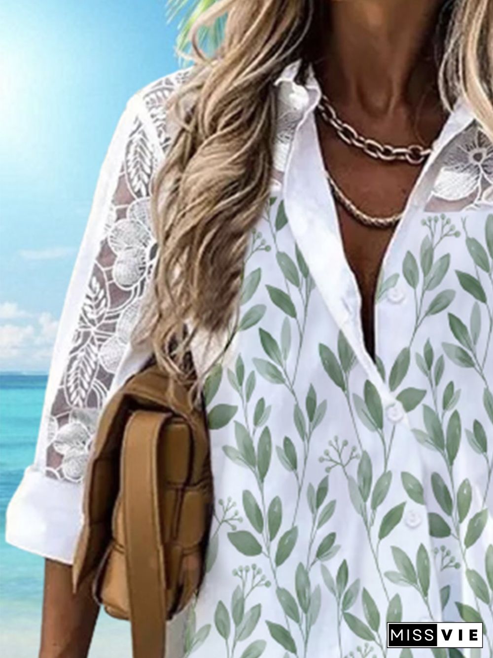 Lace 3/4 Sleeves Leaves Printed Plus Size Casual Shirt