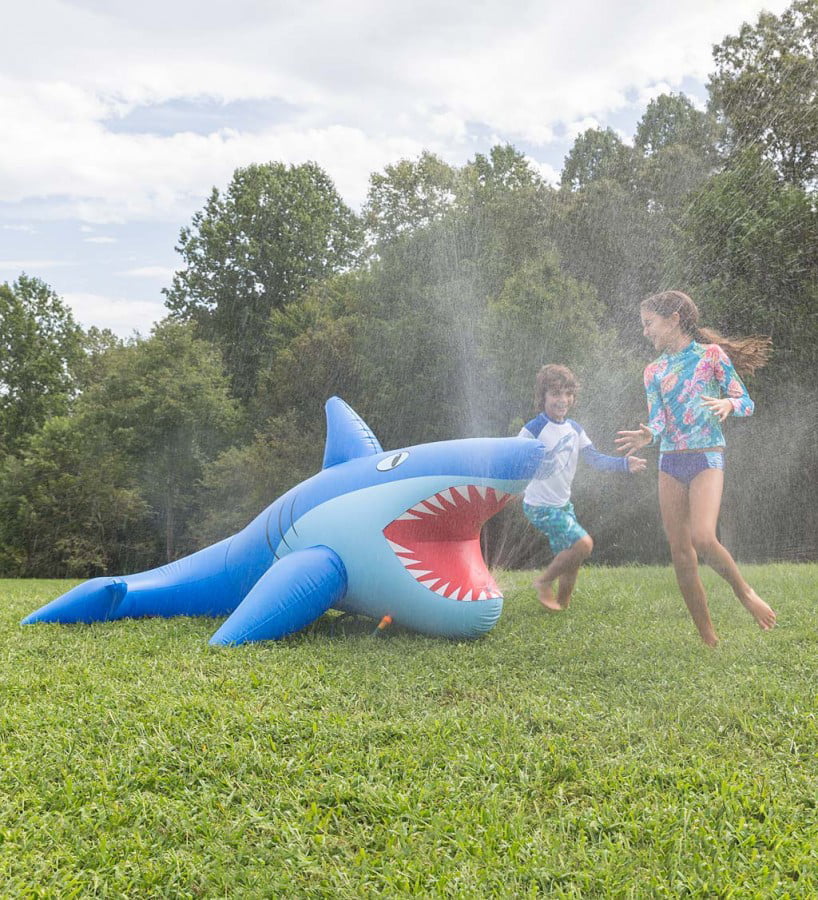 HearthSong 8-Foot Giant Inflatable Mister Shark Sprinkler for Kids' Outdoor Active Water Play