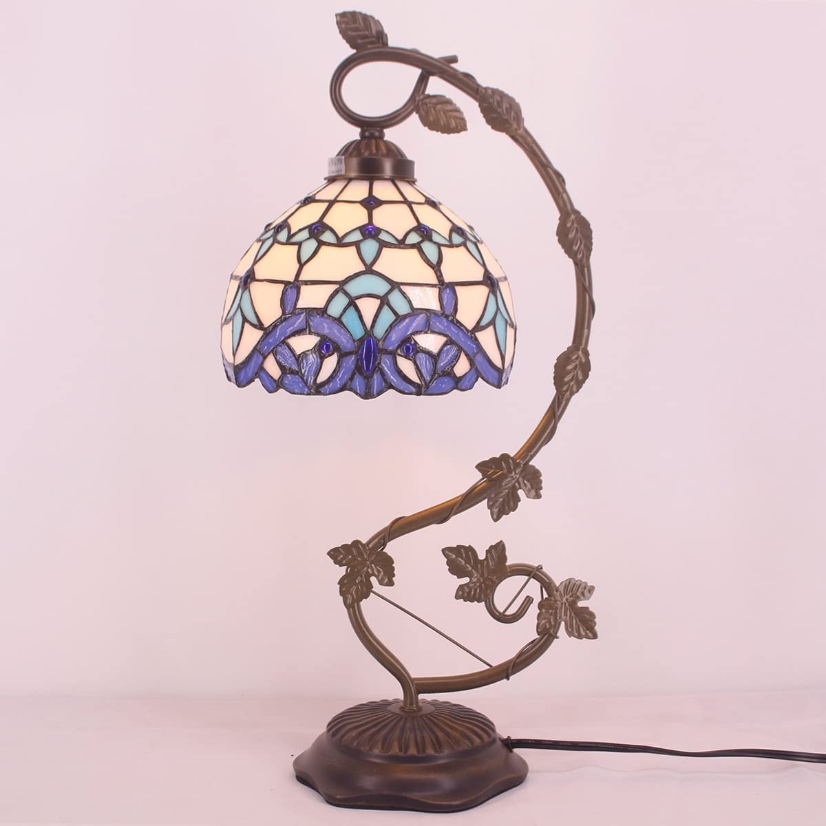 SHADY Tiffany Style Lamp White Blue Stained Glass Table Lamp Reading Desk Light Metal Leaf Base 8X10X21 Inches Decor Small Space Bedside Bedroom Home Office S003B Series