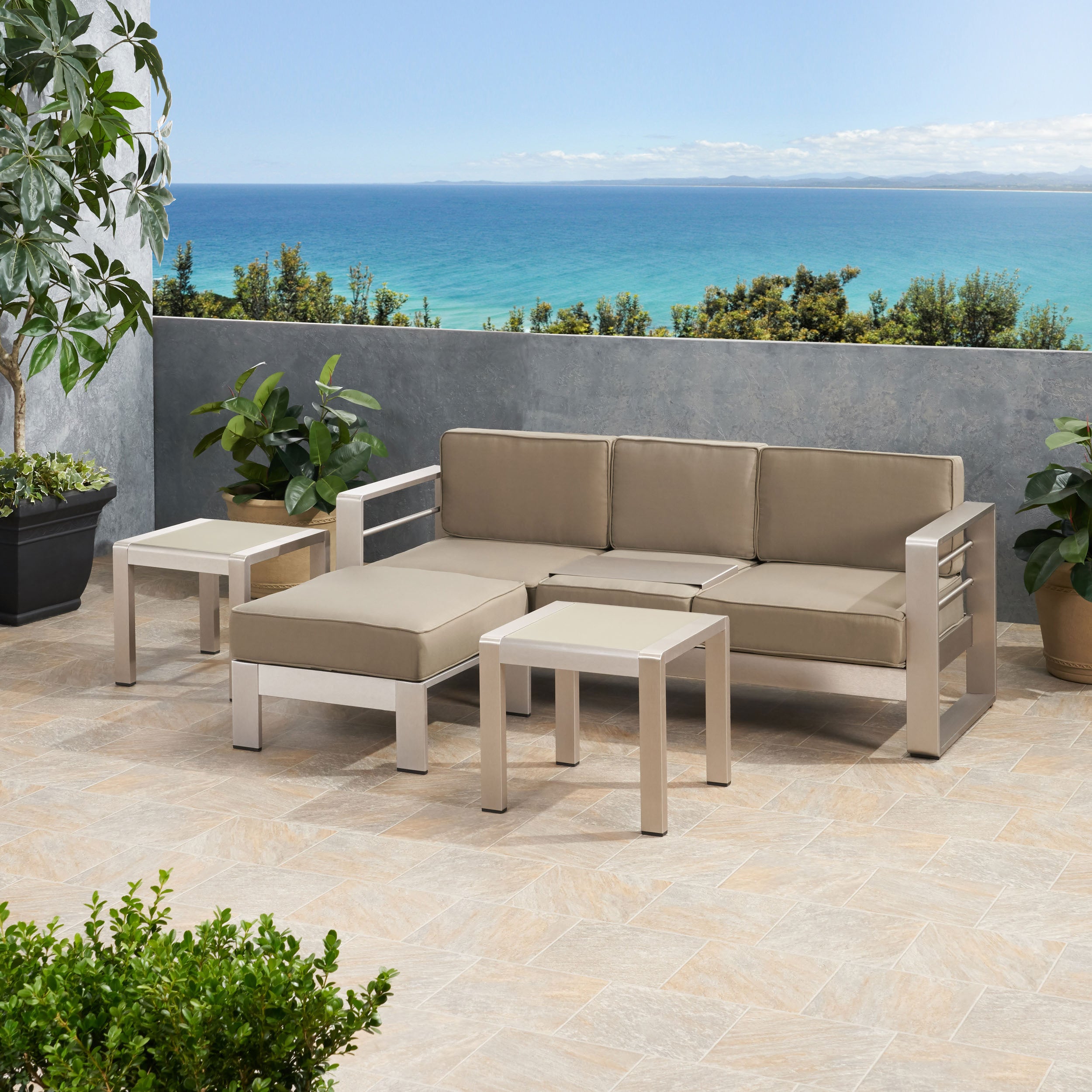 Stacy Outdoor 3 Seater Aluminum Sofa and Ottoman Set with Side Tables