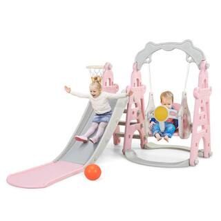 Nyeekoy 3 in. 1 Kids Slide and Swing Set Toddler Climber Playset Indoor Outdoor Playground Pink and Grey TH17G0755