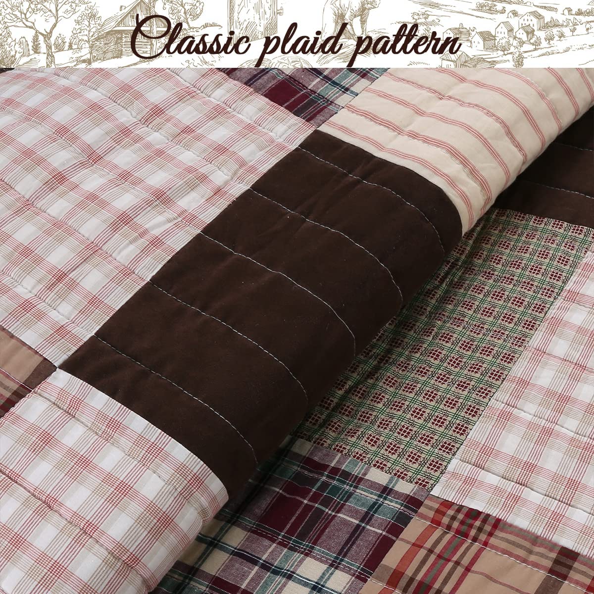 Cozy Line Heidi Chocolate Brown Plaid Grid Striped Real Patchwork 3-Piece Reversible Quilt Set， Queen Set