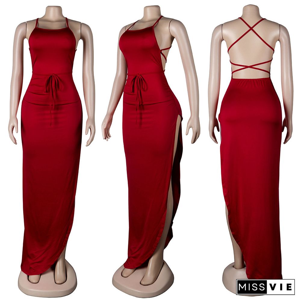 Women Sexy Solid Backless Halter Sling Bandage High Side Slit Slinky Evening Party Long Maxi Dress