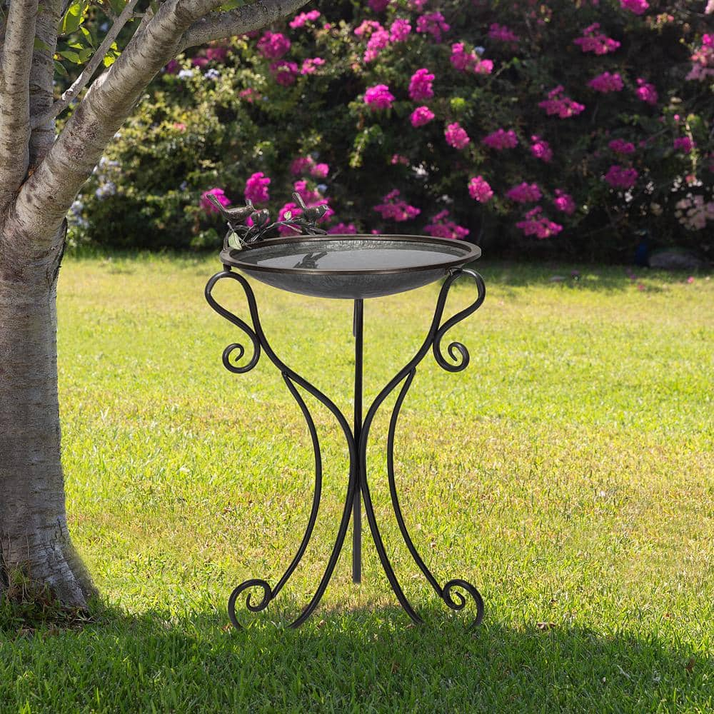 Alpine Corporation 36 in. Tall Outdoor Antique Style Galvanized Metal Birdbath Bowl with Bird Figurines ORS684