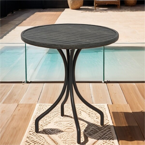 Outdoor Round Side Table with Steel Frame and Slat Tabletop