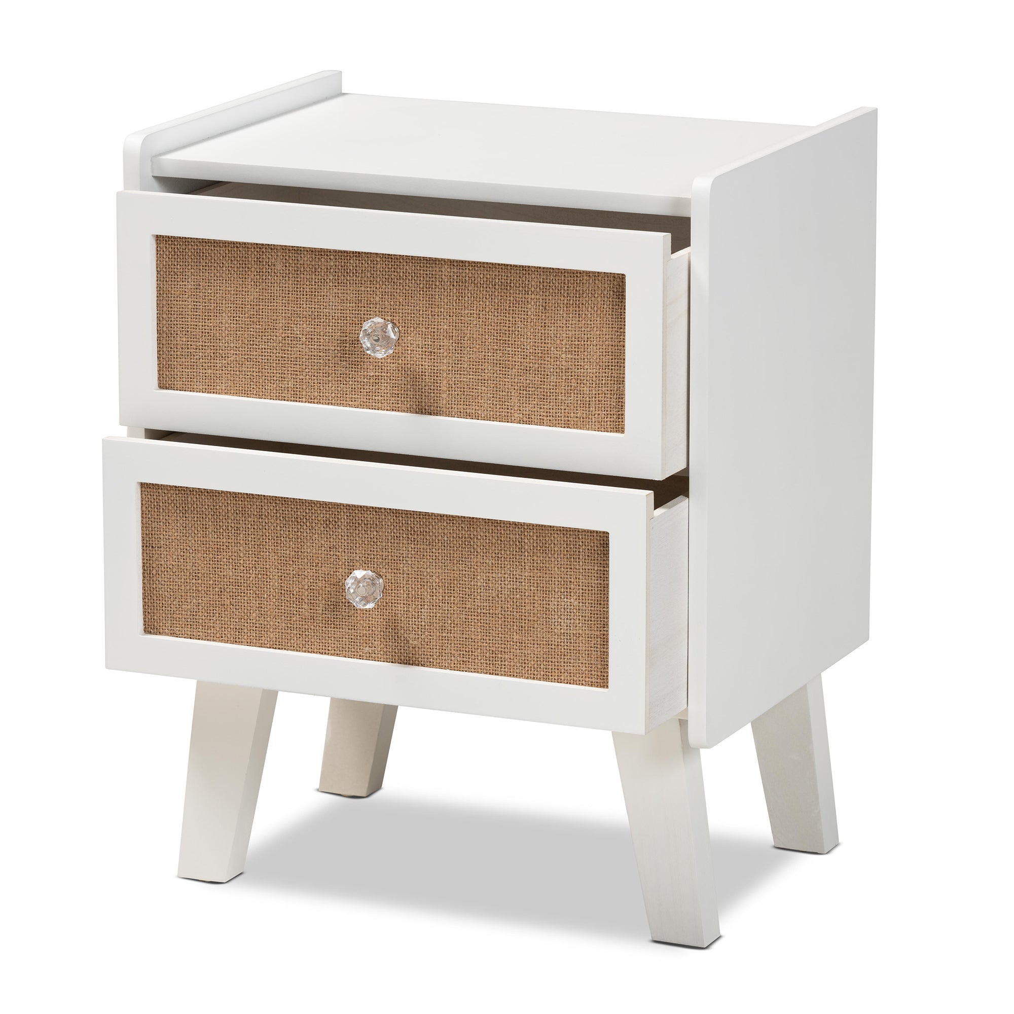 Baxton Studio Balta Mid-Century Modern Transitional Oak Brown Rattan and White Finished Wood 2-Drawer Nightstand