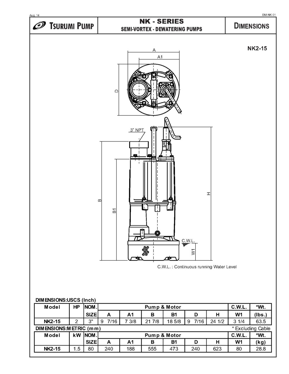 NK2-15 Electric Single Phase Dewatering Pump ;