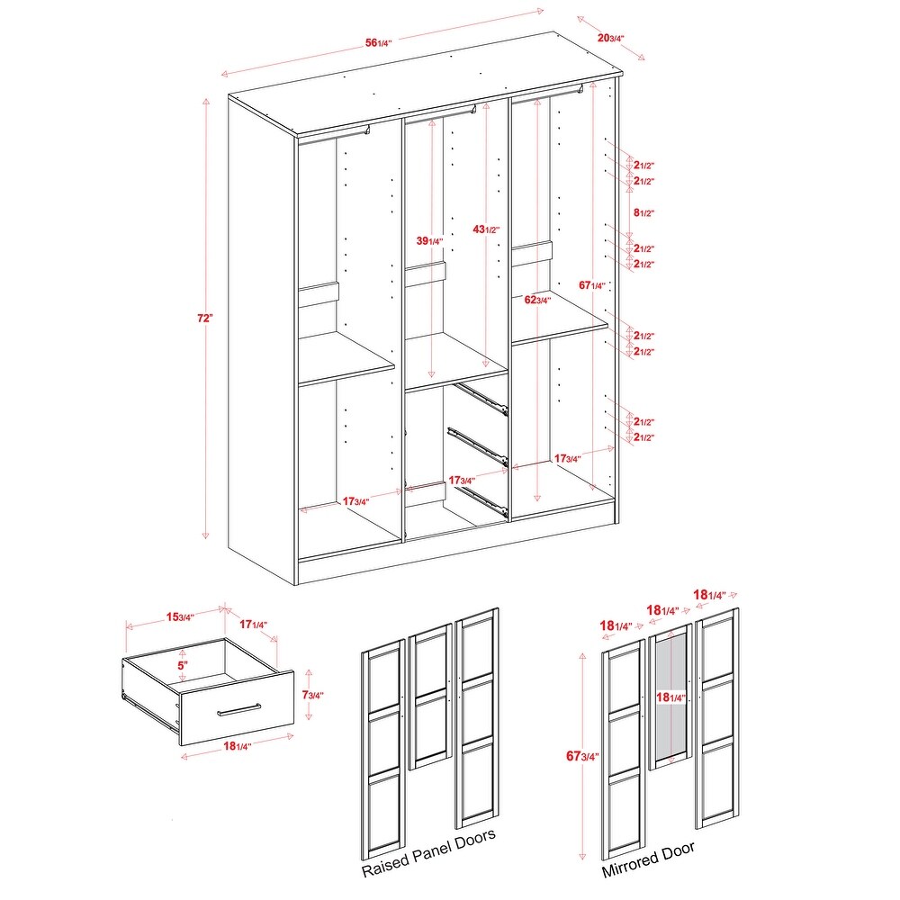 Palace Imports 100% Solid Wood Cosmo 3 Door Wardrobe Armoire with Solid Wood or Mirrored Doors