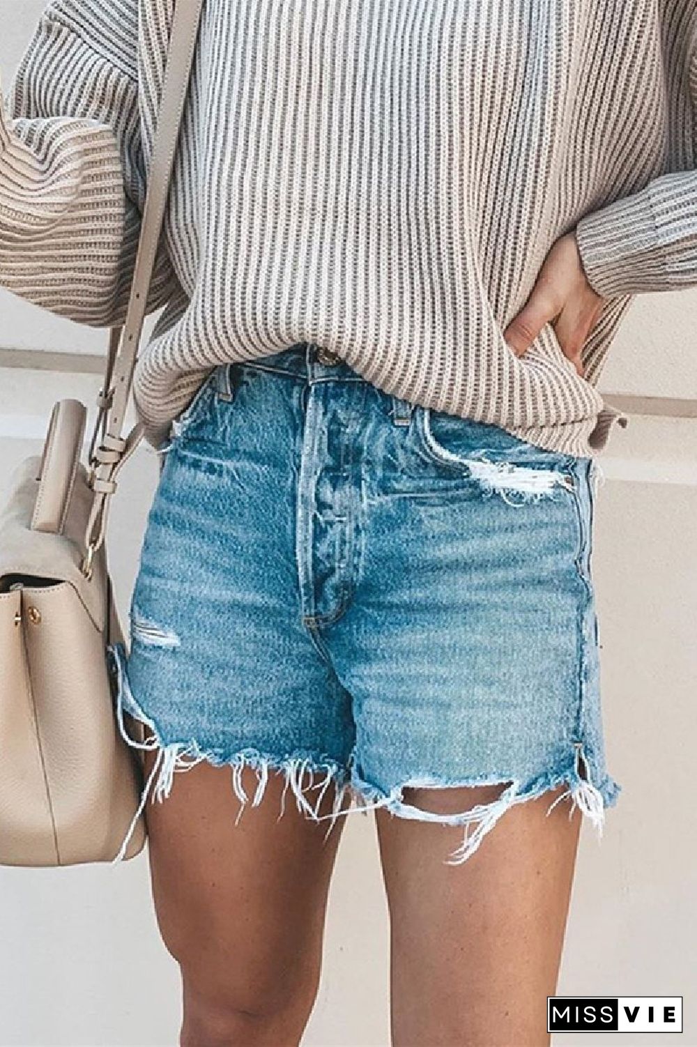 KarliDress Frayed Raw Hem Ripped Denim Shorts P12551